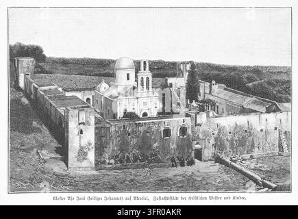 Monastero fortificato di San Giovanni (Ajo Jani) ad Akrotiri – Un rifugio murato per donne e bambini cristiani, incisione del XIX secolo. Foto Stock