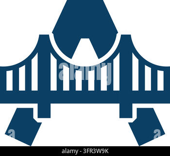 Un emblema grafico piatto e pulito con la lettera maiuscola A combinata senza soluzione di continuità con la silhouette di un ponte sospeso. Stilizzato in blu navy profondo su uno sfondo chiaro Illustrazione Vettoriale