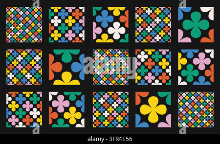Collezione di motivi floreali con forme a quadrifoglio e petali colorati su sfondo nero. Set vettoriale geometrico senza cuciture in stile retrò. Alta qualità i Illustrazione Vettoriale