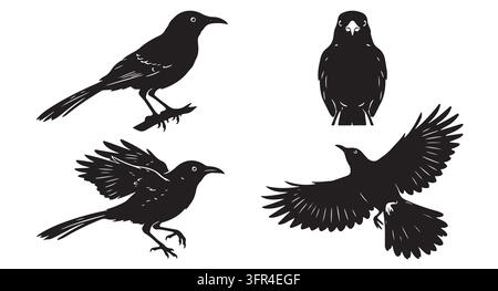 Set di quattro sagome di corvi neri in varie pose di volo e appollaiati Illustrazione Vettoriale