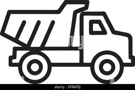 Un'icona a contorno nero di un camion ribaltabile con il cassone sollevato, isolata su sfondo bianco. Illustrazione Vettoriale