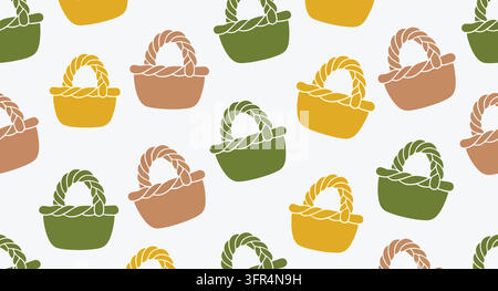 Modello senza cuciture di cesti da picnic tessuti su sfondo bianco con cesto Illustrazione Vettoriale
