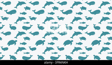 Modello senza cuciture di delfini, balene e tartarughe marine color verde acqua su sfondo bianco Illustrazione Vettoriale