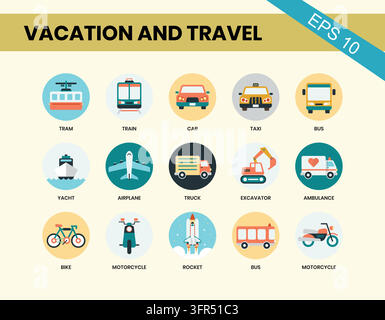 Collezione diversificata di icone piatte di trasporto e viaggio su sfondo bianco Illustrazione Vettoriale