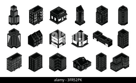 Set di edifici urbani isometrici in bianco e nero Illustrazione Vettoriale