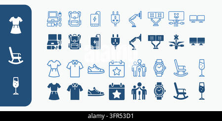Vari icone di stile di vita domestico e abbigliamento nei toni del blu con sedia a dondolo Illustrazione Vettoriale
