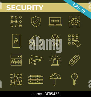 Icone lineari di sicurezza e protezione cyber su sfondo scuro con arte Illustrazione Vettoriale