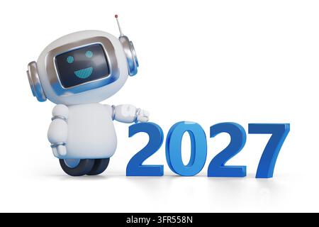 Anno 2027 in tre dimensioni con un robot carino. Concetto di Capodanno. Illustrazione 3D. Foto Stock