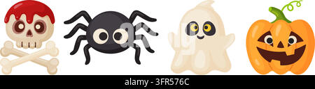 Simpatico set di clipart per Halloween. Personaggi spaventosi ma divertenti. Pacchetto di illustrazioni vettoriali piatte disegnate a mano. Zucca sorridente, fantasma, ragnatela amichevole, teschio sanguinante Illustrazione Vettoriale