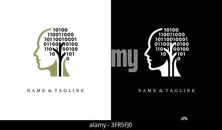 Silhouette del profilo della testa umana riempita con codice binario e albero digitale Illustrazione Vettoriale