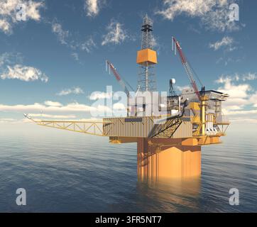 Illustrazione 3D generata al computer con una piattaforma di perforazione in mare Foto Stock