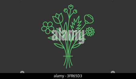 Bouquet di arte lineare di fiori e steli assortiti su sfondo scuro con elementi botanici Illustrazione Vettoriale