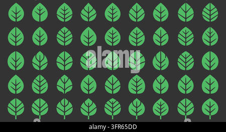Set di icone a forma di foglie verdi su sfondo scuro con motivo botanico Illustrazione Vettoriale