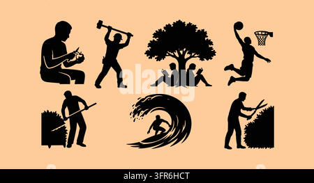 Figure in silhouette nera che partecipano ad hobby all'aperto, giardinaggio e sport Illustrazione Vettoriale