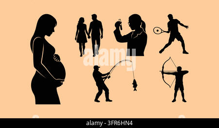 Varie figure di silhouette umane che rappresentano sport e gravidanza con grafica Illustrazione Vettoriale