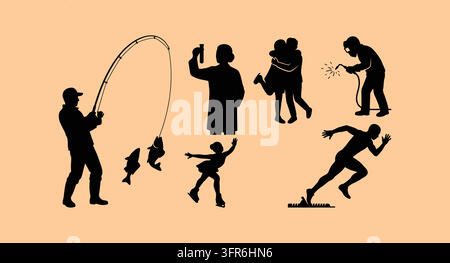 Collezione di silhouetti neri in azione con pesca, danza, corsa Illustrazione Vettoriale