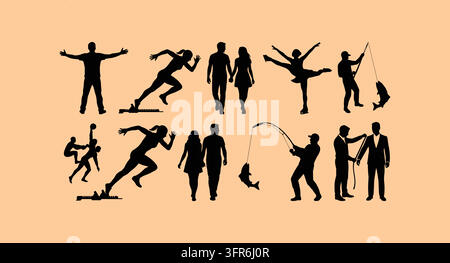 Varie figure di silhouette nere di persone in azioni sportive e sociali Illustrazione Vettoriale