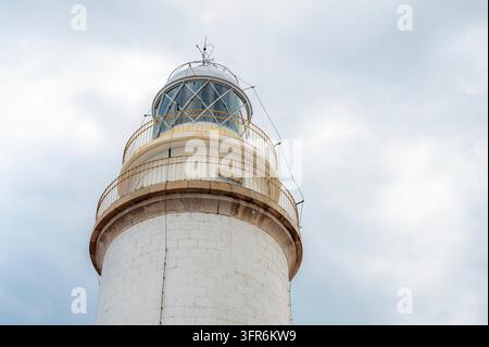 Faro di far de Formentor Cap Formentor, Maiorca, vista ad angolo basso durante il giorno nuvoloso, ripresa orizzontale, Maiorca Foto Stock