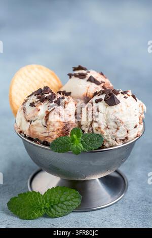 Gelato artigianale al cioccolato e alla vaniglia con gocce di cioccolato e biscotti in una ciotola di metallo. Dessert estivo Foto Stock