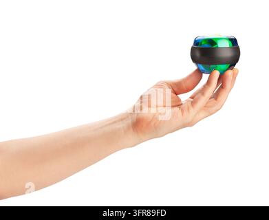 Palla giro nella mano su sfondo bianco isolato Foto Stock