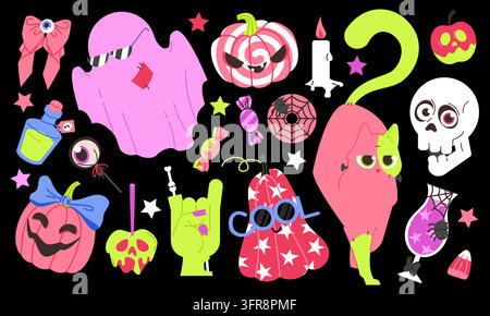 Simpatico set di doodle per Halloween con fantasma rosa, zucche, gatto, teschio, caramelle e pozione. Icone gotiche pastello spettrali per decorazioni per feste, adesivi e trick Illustrazione Vettoriale