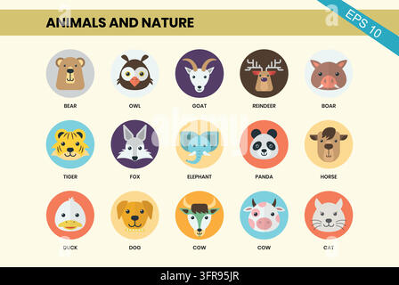 Set di icone circolari su animali e natura con specie di fauna diversificate Illustrazione Vettoriale