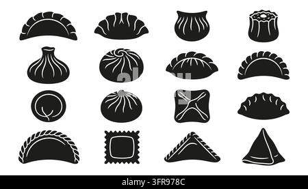 Collezione di forme e stili vari di ravioli per la cucina asiatica tradizionale Illustrazione Vettoriale