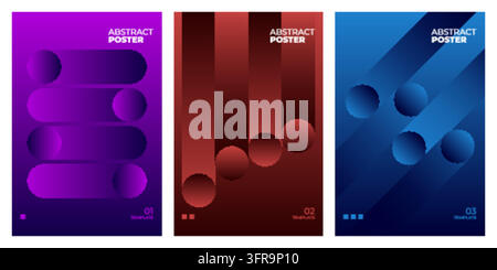 Set di tre modelli di poster astratti moderni con sfumature di colore vivaci in viola, rosso e blu, forme geometriche e un layout tipografico pulito Illustrazione Vettoriale