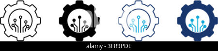 Un set di quattro icone vettoriali minimaliste di ingranaggi e circuiti elettronici visualizzate in stile outline, nero pieno, outline blu e blu pieno su uno sfondo cle Illustrazione Vettoriale