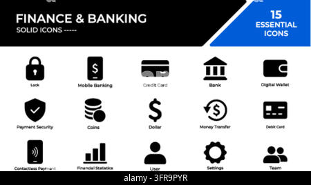 Collezione di quindici icone vettoriali nere minimaliste rappresentanti temi finanziari e bancari, tra cui serratura, banking mobile, carta di credito, banca b Illustrazione Vettoriale