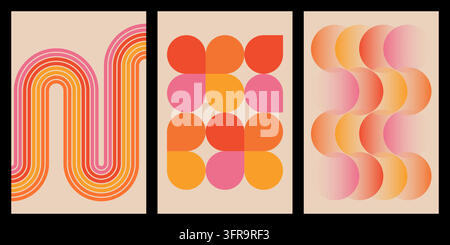 Set di tre modelli di poster astratti con arte lineare ondulata retrò colorata, forme geometriche floreali e motivi circolari sfumati in toni caldi o Illustrazione Vettoriale