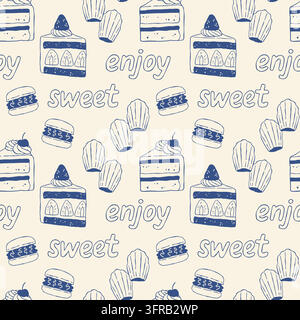 Modello vettoriale senza cuciture con fette di torta alla fragola, macarons, madeleines e tipografia dolce in stile linea blu. Perfetto per panetterie Illustrazione Vettoriale