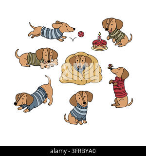 Set di vettori di personaggi di cartoni animati di cuccioli di bassotto carini. Concetto di stile di vita felice e giocoso autunnale hygge. Biglietto di auguri per cameretta dei bambini Illustrazione Vettoriale