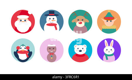 Personaggi natalizi vettoriali carini in stile bambino come set di icone. Collezione festiva con Babbo Natale, pupazzo di neve, renna, elfo, pinguino, omino di pan di zenzero Illustrazione Vettoriale