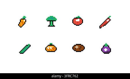 Set vettoriale professionale di icone di verdure in pixel art tra cui carota, broccoli, pomodoro, peperoncino, cetriolo, zucca, patata e melanzana per gami retrò Illustrazione Vettoriale