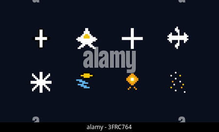 Grafica di gioco pixel art retrò con funghi, sprite spaziali, simboli, occhiali e creature colorate. Illustrazione Vettoriale