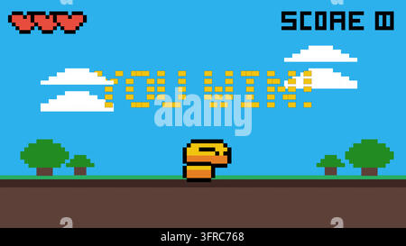 Grafica di gioco pixel art retrò con funghi, sprite spaziali, simboli, occhiali e creature colorate. Illustrazione Vettoriale