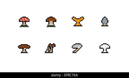 Grafica di gioco pixel art retrò con funghi, sprite spaziali, simboli, occhiali e creature colorate. Illustrazione Vettoriale