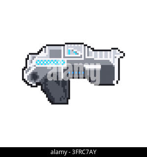 Arma blaster a raggi di fantasia scientifica in stile pixel art retrò per giochi di avventura spaziale, arma vettoriale laser futuristica dettagliata per intergalattica Illustrazione Vettoriale