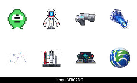 Set di icone vettoriali cosmiche di alta qualità con 8 asset unici in pixel art tra cui Alieno, Astronauta, Blaster, Cometa, Costellazione, Cruscotto, Terra e Sa Illustrazione Vettoriale