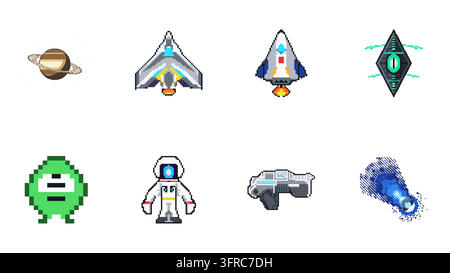 Set di vettori pixel art con una navicella spaziale, un razzo, un cosmodromo, un alieno, Marte, la Luna, una testa di robot e la Terra. Illustrazione Vettoriale