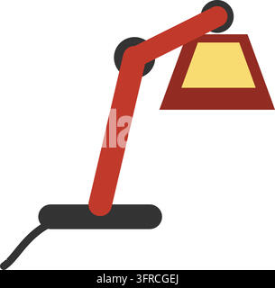 Illustrazione vettoriale piatta di una classica lampada da scrivania rossa regolabile con paralume luminoso, isolata su bianco. Illuminazione per ufficio, icona per studio e spazio di lavoro. Illustrazione Vettoriale