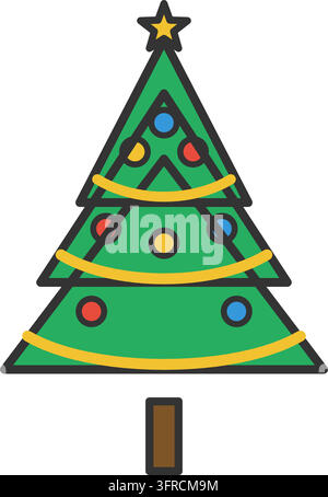 Illustrazione vettoriale piatta di un albero di Natale decorato con una stella dorata in cima, ghirlande e palline colorate, isolato su sfondo bianco. Illustrazione Vettoriale