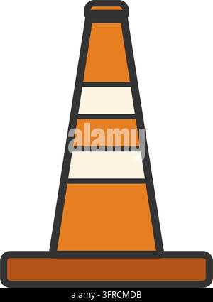 Illustrazione vettoriale piatta di un cono di segnalazione arancione con strisce riflettenti bianche e base quadrata, isolato su sfondo bianco. Illustrazione Vettoriale