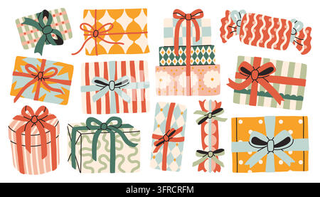 Collezione di scatole regalo di Natale colorate con nastri, fiocchi e motivi folkloristici festivi in stile illustrazione vettoriale piatta. Perfetto per Illustrazione Vettoriale