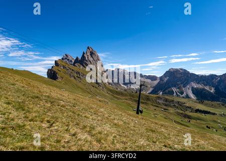 L'iconico cresta frastagliata del monte Seceda si erge sopra i prati alpini verdi delle Dolomiti, in Italia. Una giornata soleggiata mette in risalto i ripidi pendii erbosi an Foto Stock
