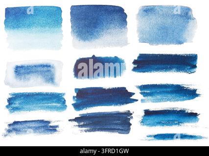 Collezione di tratti di pennello acquerello blu ceruleo. Tratti di pennello acquerello blu indaco isolati di alta qualità, carta cotone a grana grossa. Set di tratti di pennello acquerello astratti, sfondo texture Foto Stock