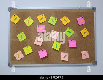 Una bacheca di sughero in una cornice di alluminio montata su un muro grigio chiaro, coperta da circa venti post-it quadrati arancioni, gialli, verdi, rosa Foto Stock