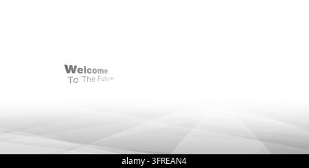 Sfondo futuristico minimalista bianco e grigio con un pavimento in prospettiva e un piccolo testo "Benvenuti nel futuro" per presentazioni tecnologiche. Illustrazione Vettoriale