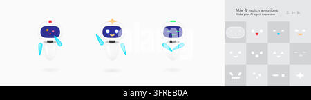 Set di graziosi robot assistenti AI bianchi e blu con espressioni sorprese, assonnate e miste in pose varie su uno sfondo pulito. Illustrazione Vettoriale